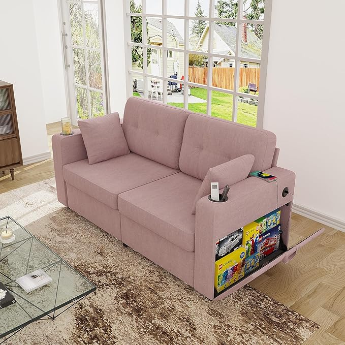 67 Small Loveseat Couch with Storage USB Charging and Cup Holder Space Saving Furniture Modern Chenille Love Seat Sofa Small Couches for Small Spaces Bedroom Apartment Pink