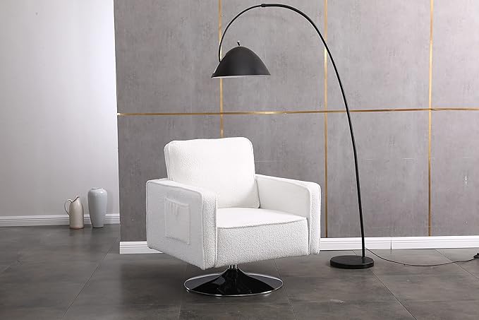 Modern Teddy Fabric Swivel Accent Chair Comfy Armchair with 360 Degree Swiveling for Living Room Bedroom Reading Room Home Office (White)