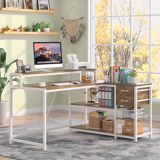 47'' L Shaped Gaming Desk with Power Outlets Reversible Corner Computer Desk with Monitor Stand Storage Shelves Side Bag Home Office Desks for Home Office Gaming (White+Brown 55 Inch)