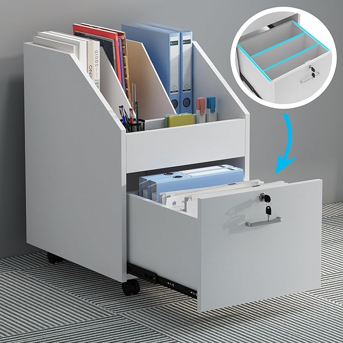 Mobile File Cabinet with LockUnder Desk Rolling File Cabinets for Home OfficeWood Filing Cabinet (White)