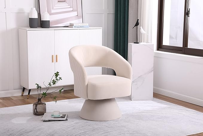 Velvet 360-Degree Swivel Round Barrel Chair with Quiet Swivel Base Deep Seat &amp Curvaceous Design and Sturdy Wooden Frame Comfortable Armchair for Living Room Beige