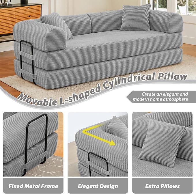 78 Convertible Sleeper Sofa Bed with Cylindrical Pillow Corduroy Folding Mattress Couch with Fixed Frame Floor Sofa Lounge Couch for Living Room Bedroom Apartment Light Grey