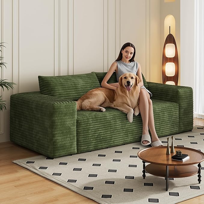 78.8 Corduroy Boneless Couch 3-Seater Compression Sofa with 2 Throw Pillows No Assembly Required Comfy Loveseat Sofa in a Box Modern Couches for Living Room (Green 78.8 inch) | Breathable Materi