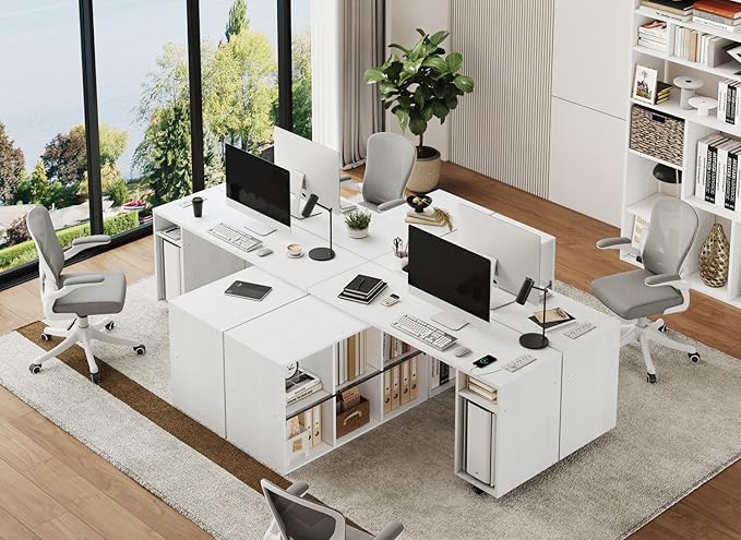 White L-Shaped Computer Desk Table with Charging Station–Small Study Writing Desk with Backless Storage Shelves 67” Bedroom Side Table &amp 360°Rotating Desk
