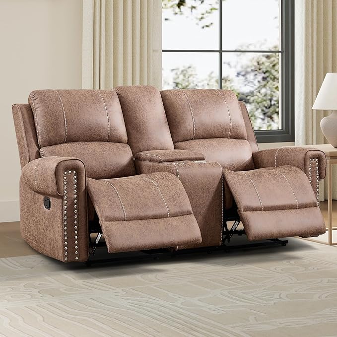 EBELLO Manual Reclining Loveseat Faux Leather Dual Double Recliner Sofa with Center Console Hidden Storage &amp Cup Holders Vintage Rivet Mid-Century Modern Design for Living Room Brown