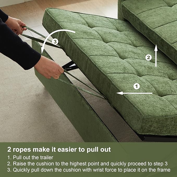 Tbfit 57 Convertible Sofa Bed Chenille Futon Sleeper Sofa Couch with Pullout Bed USB &amp Adjustable Backrest Queen Size Pull Out Loveseat Couches for Living Room Apartment Office Dorm Green