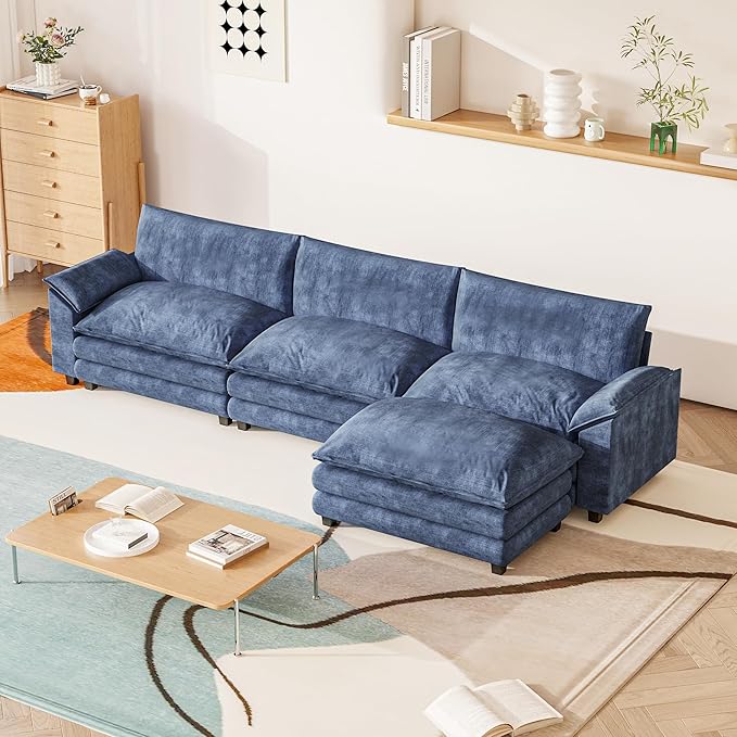 Furniwell 119 Modular Couch 3-Seat Sofa with Reversible Ottoman Cloud Couch L Shaped Sofa with Deep Seat Chenille Sectional Couches for Living Room