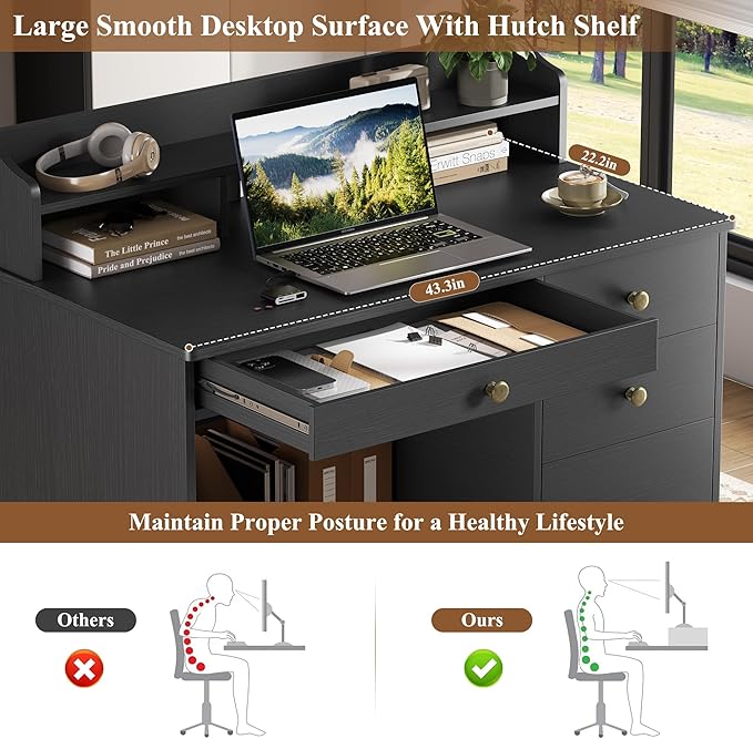 TTVIEW Computer Desk with Drawers and Hutch Shelf Wood Executive Desk Writing Study Table with 43” Wide Tabletop Small Desk with File Drawer for Home Office Bedroom Black
