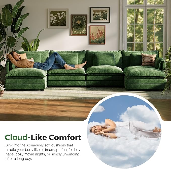 ABCASA 150 Oversized Modular Sectional Sofa with Throw Pillows &amp Movable Ottoman Comfy Cloud Couch 6-Seat Deep Seat Sofa U Shaped Modern Sofa for Living Room Apartment - Chenille Green