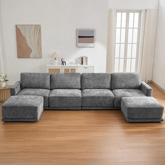 143.8 Modular Sectional Sofa with 2 Ottomans Upholstered U Shaped Sectional Couch with Thick Cushions Oversized Chenille Comfy 6 Seater Sofas for Living Room Easy Assembly Grey