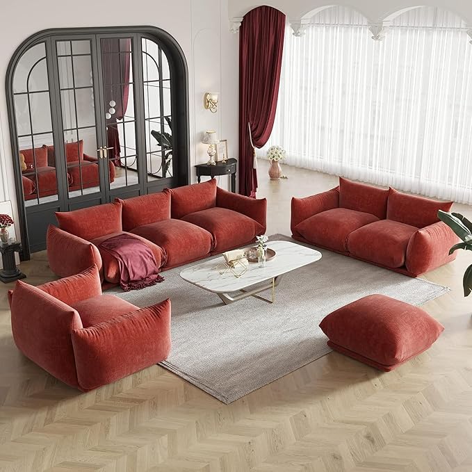 JACH Mid-Century Comfy Ottoman Chenille Sofa Footrest Couch with Thick Cushion 26 Foot Stool Furniture for Small Spaces Living Room Bedroom Office Apartment Red