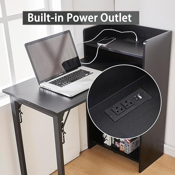 Fold Out Desk with Storage and Built-in Outlet Mid Century Foldable Desk for Small Spaces Hidden Folding Table for Home Office or Bedroom (Black)