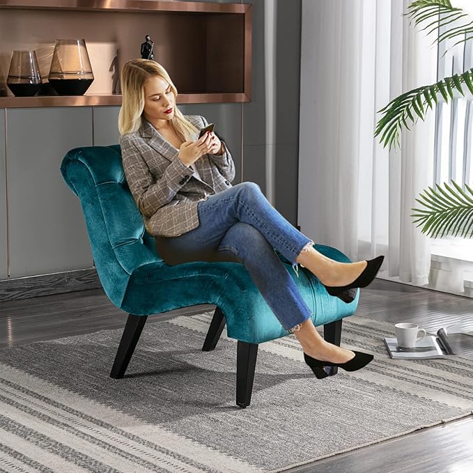 KINFFICT Velvet Accent Lounge Chair for Living Room Modern Leisure Chair with Tufted Backrest Indoor Armless Side Chair Upholstered Bedroom Sleeper Chair with Solid Wood Legs