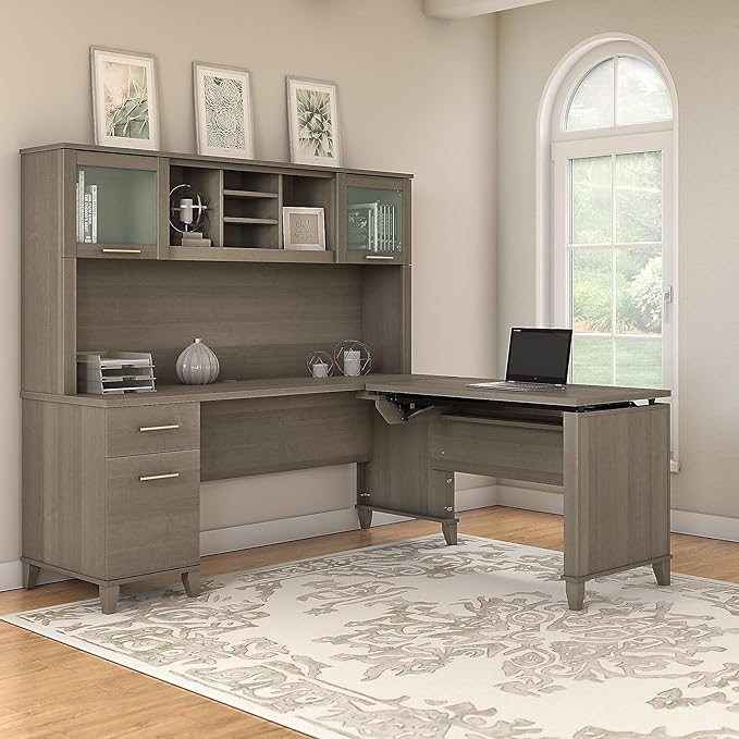Bush Home Somerset 72W 3 Position Sit to Stand L Shaped Desk with Hutch in Ash Gray | Adjustable Height Table for Home Office