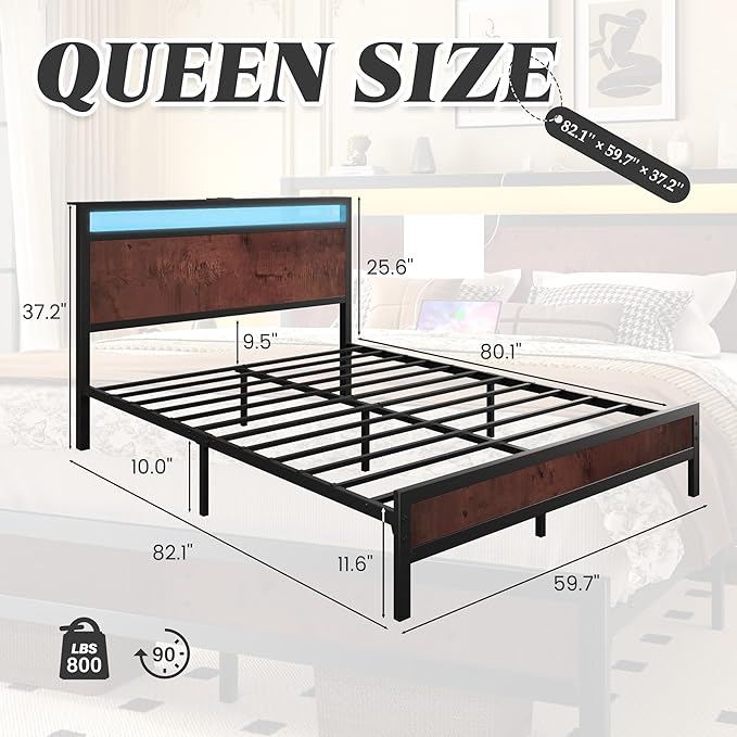 Queen Bed Frame with Headboard &amp Footboard Bed Frame with Built-in Charging Station &amp LED Light Storage Shelf Noise-Free No Box Spring Needed Easy Assembly Coffee Brown