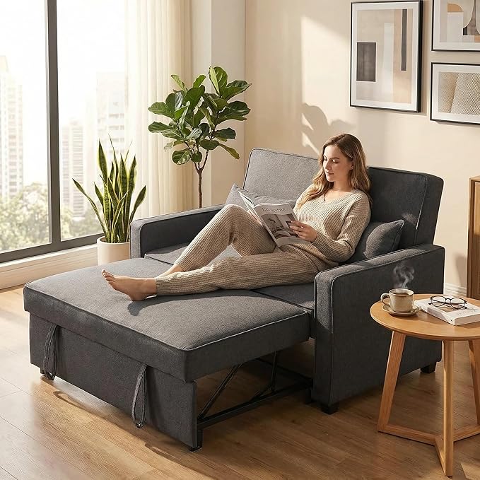 Furnimart Convertible 3-in-1 Sofa Bed with Adjustable Backrest Metal Frame Pull Out Couch Loveseat Sleeper Linen Sleeper Sofa for Living Room Apartment Small Space (Gray)