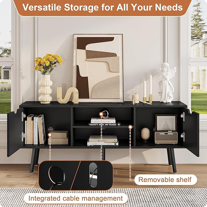ALINE FURNITURE Black TV Stand for 50 55 60+ inch TVs - Media Console with 2 Cabinets &amp Open Shelves Solid Wood Legs - TV Consoles for Living Room - 22 H Entertainment Center for Bedroom