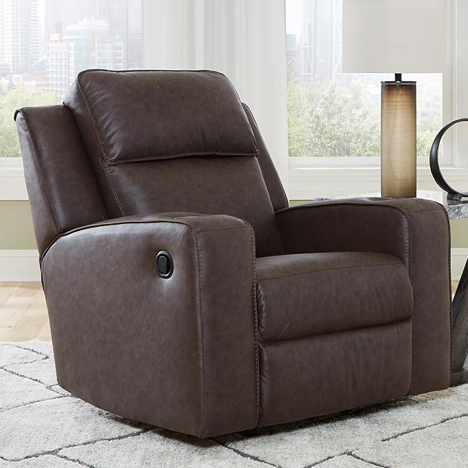 Signature Design by Ashley Lavenhorne Contemporary Faux Leather Upholstered Manual Rocker Recliner with 2 Cup Holders Dark Brown