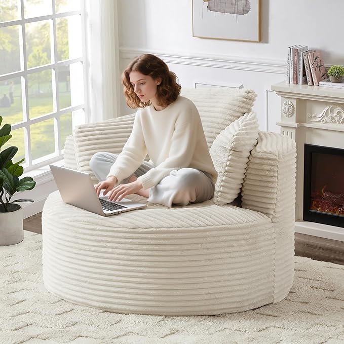 Round Chair Lounge Chaise Indoor 48.8 Oversized Sofa Chair Upholstered Corduroy Deep Seat Sleeper Sofa Bed No Assembly Required for Living Room Bedroom Apartment White