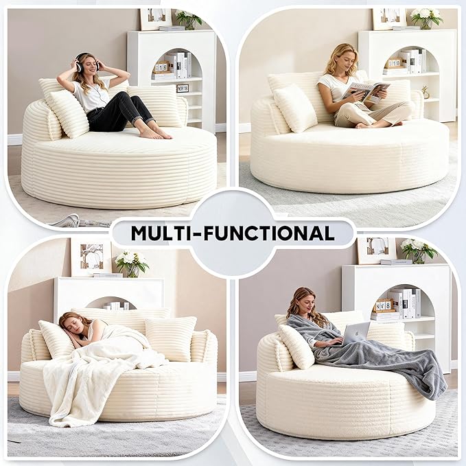 Oversized Round Chair Lounge Chaise Indoor 53.5 Corduroy Boneless Round Chair Fluffy Single Deep Seat Cloud Sofa Chairs Modern Circle Chaise Lounge for Bedroom Living Room Beige White