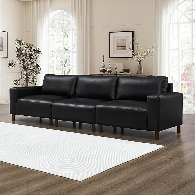Mid-Century Modern Sofa PU Leather 3-Seater Couch with Solid Wood Legs &amp Square Armrests Lounge Comfy Sofa Upholstered Cozy Couch for Living Room Apatment Bedroom Office(112 W Black)