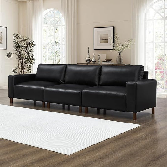 Mid-Century Modern Sofa PU Leather 3-Seater Couch with Solid Wood Legs &amp Square Armrests Lounge Comfy Sofa Upholstered Cozy Couch for Living Room Apatment Bedroom Office(112 W Black)