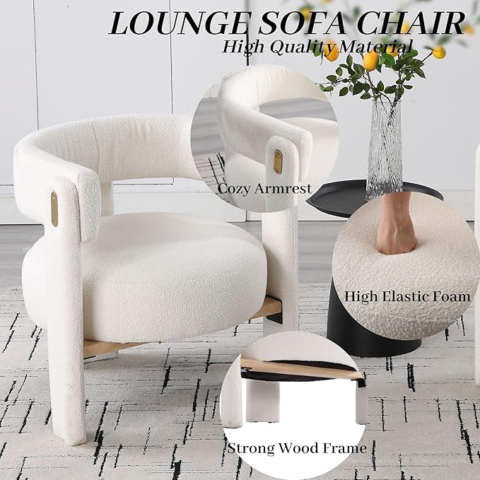 Wahson Modern Barrel Accent Chair | Boucle Upholstered Armchair Single Sofa Chair Side Chair for Living Room | Three Legs White Sherpa