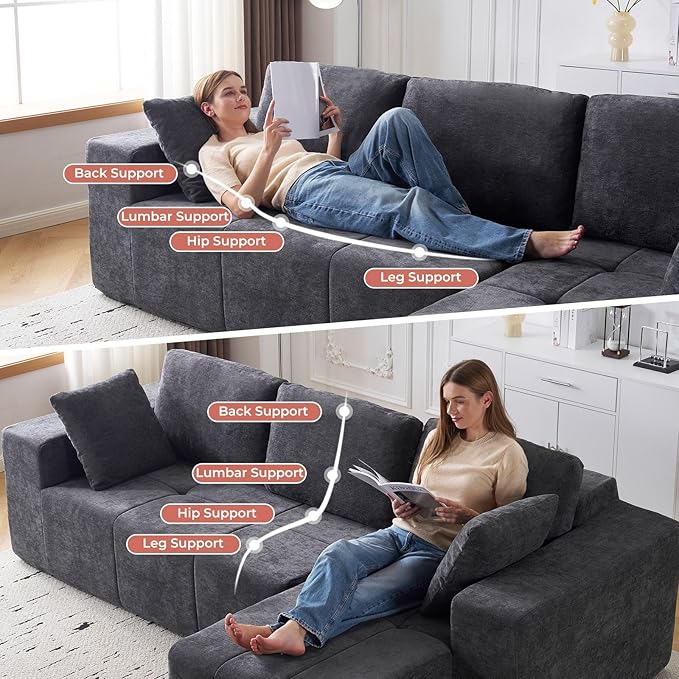 105 Cloud Modular Sectional CouchChenille Boneless Couches with Deep SeatUpholstered L-Shape Sofa with Chaise Sectional Couch for Living Room No Assembly Required (Grey Right Facing Chaise)