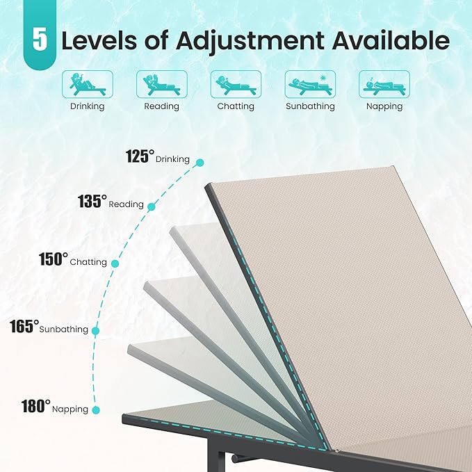 Amopatio Outdoor Patio Lounge Chair Adjustable Heavy-Duty Chaise Lounge for Poolside Weather Resistant Pool Lounge Furniture Set with Table for Backyard Beach 400 LBS Capacity(Khaki)