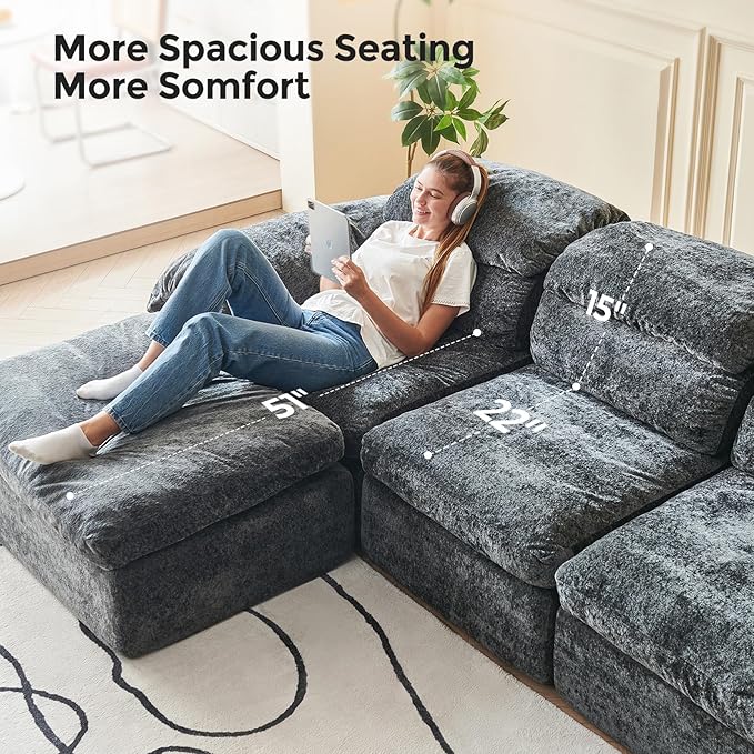 115.7 L Shaped Modular Sectional Sofa with Ottoman Cloud Boneless Couch Upholstered Sofa in a Box Flexible Module Combination for Living Room No Assembly Grey