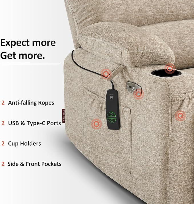 MCombo Power Lift Recliner Chair for Elderly Lift Chair with Heat and Massage Extra Wide Lift Recliner for Big People Fabric R7096 (Medium-Wide Beige)