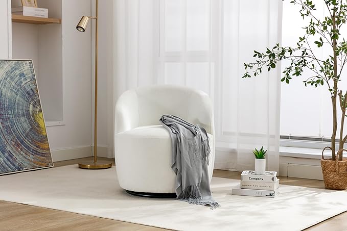 Chenille Swivel Accent Chair Ivory Round Metal Base Armchair 360° Rotation for Living Room