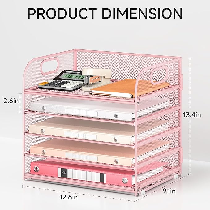 Lavatino Desk Paper Organizer with Handle 2 Pack 5-Tier Pink Mesh Desk File Folder Holder Letter Tray Sorter Organizer for Office Home or School