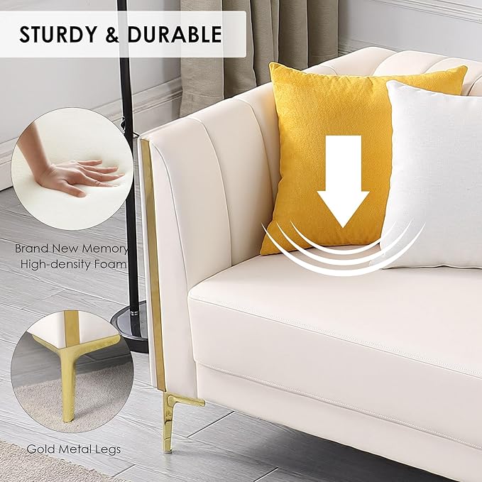 FOTOSOK White Leather Couch Sofa Office Couches 78'' Apartment Faux Leather Sofa with 2 Throw Pillows &amp Gold Metal Legs Waterproof 3 Seater Couches for Small Living Room Luxury Cloud Sofa