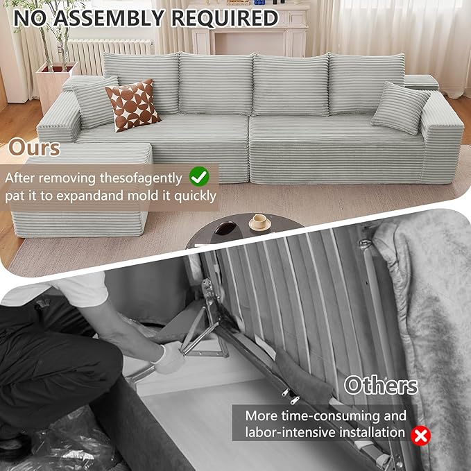 140 Modular Sectional Sofa Modern Corduroy Cloud Couch with Deep Seat Boneless Couch Upholstered 4-Seater L-Shaped Sofa for Living Room No Assembly Required (Grey 1 Ottoman)