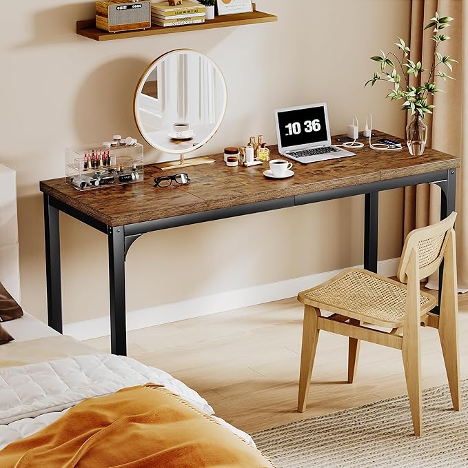 Computer Desk with Power Outlets 63 Inch Large Home Office Desk with Deeper &amp Thicker Desktop Modern Gaming Desk Study Writing Work Desk Metal Frame Rustic Brown