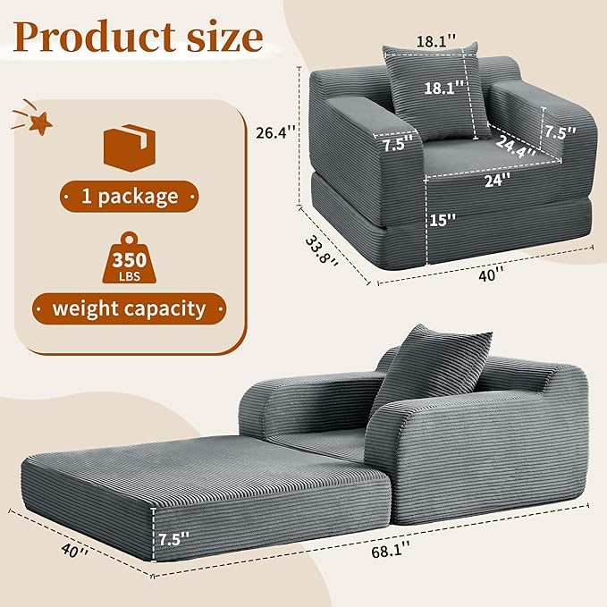 wanan 40 W Folding Sofa Bed 2-in-1 Convertible Bed Sofa to Boneless Sleeper Chair for Adult Comfy Armchair with Back Support Armrests and Pillow for Living Room Bedroom Single Dark Gray | Easy-