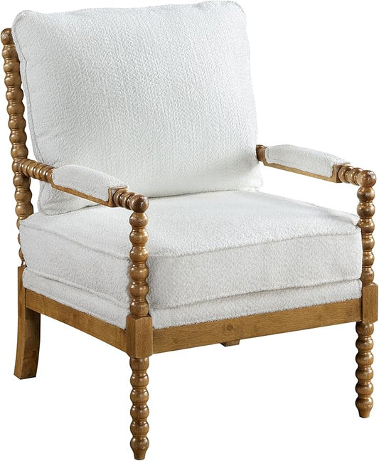 Furniture of America Dedee Mid Century Modern Boucle Fabric Accent Chair with Arms Wide Spindle and Solidwood Legs for Living Room Bedroom Reading Corner Home Office Light Oak and White
