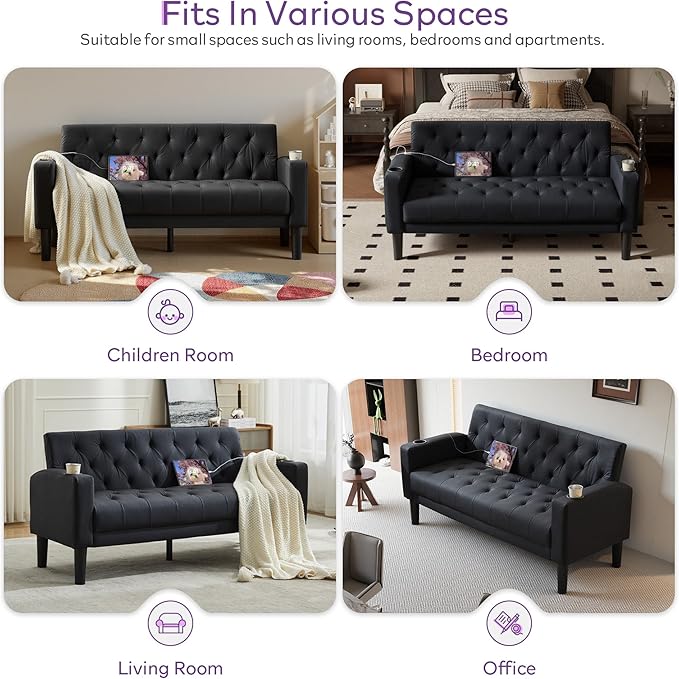 TYBOATLE 62 W Loveseat Sofa w/ 2 USB Charger Ports and 2 Cupholders Mid-Century Modern Tufted Black Leather Small Love Seat Couches for Compact Living Room Office Bedroom Apartment Dorm