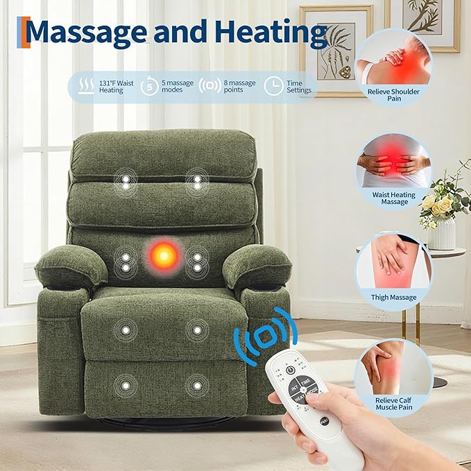 360° Swivel Massage Rocker Recliner with Heat &amp Linen Upholstery Glider Chair for Adults with Side Pocket &amp 2 Cup Holders – Ergonomic Comfort for Living Room Bedroom &amp Home Theate（Green）