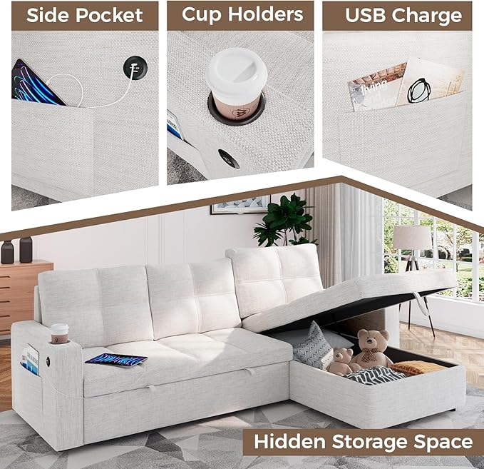 85 Inch Modular Sectional Sleeper Sofa Bed with StorageL Shaped Sectional Couches Bed with Pull Out Couch BedUSB ChargingCup Holders and Side Pocketsfor Living Room/Office/Apartment