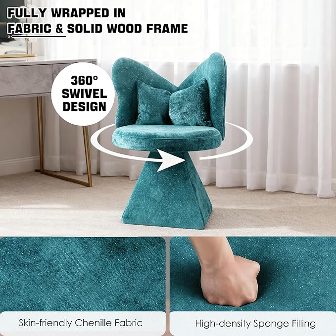 KEIKI Chenille Vanity Chair with Butterfly Back 360° Swivel Armless Accent Chair Upholstered Single Sofa Chair for Living Room Bedroom Dining or Vanity Blue