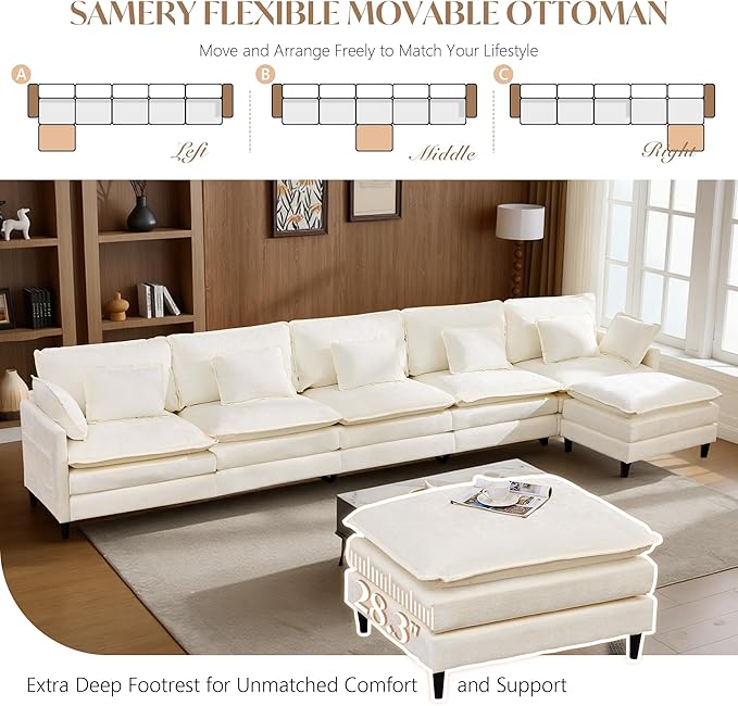 SAMERY 180.6 L Shaped Couch Cloud Sofa Modular Sectional Couch with Large Ottoman 5 Seater Chenille Oversized Deep Seat Sectional Sofa with Pillows for Living Room Bedroom Apartment