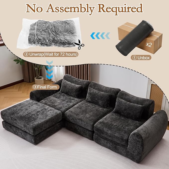 105” Modular Sectional Sofa Convertible Sofa BedTransforms into Single or Double Sofa Chenille Fabric Cloud SofaModern Soft Boneless Comfort No Assembly Required Black