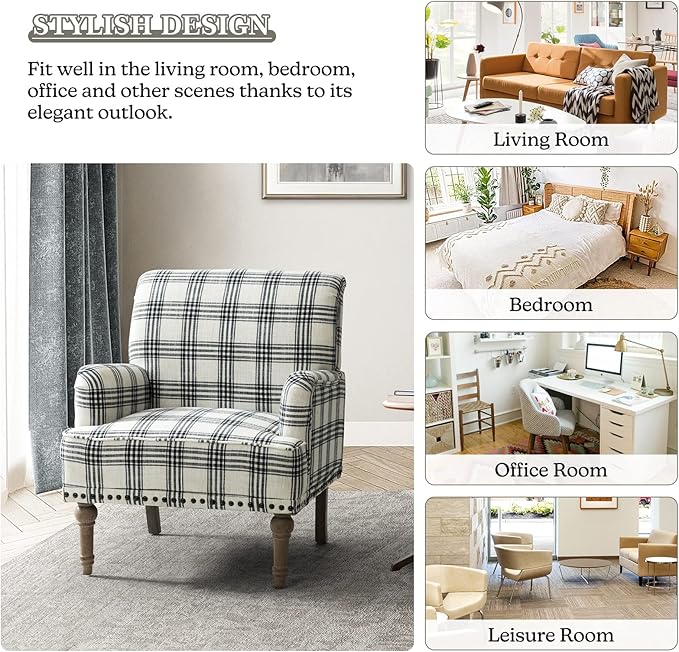 HULALA Home Modern Accent Chair with Retro Wooden Legs &amp Nailhead Trim Comfy Upholstered Armchair Single Sofa for Living Room Bedroom (Plaid Black)