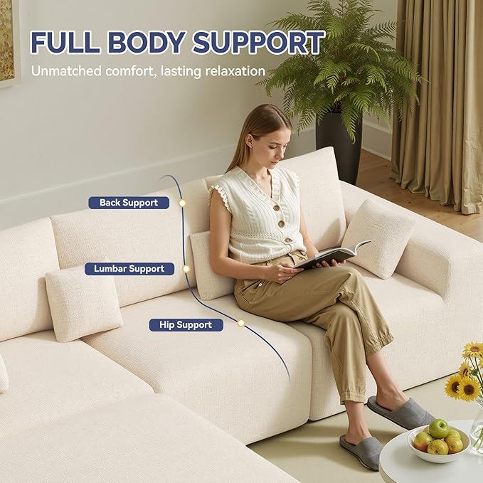 113 L-Shaped Boneless Couch Modern Modular Sectional Sofa with Deep Seat Convertible Chenille Cloud Couches for Living RoomBeige1 PCS