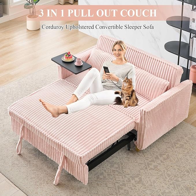 3 in 1 Pull Out CouchCorduroy Upholstered Convertible Sleeper Sofa Bed with Movable Side Table Modern Multifunctional Sofa with USB Port Cushioned Couch for Living Room (Pink)