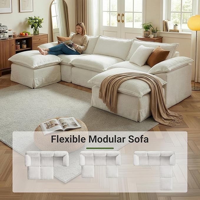 Claiks 123 Modular Boneless Couch U Shaped Couch for Living Room Modern Deep Seat Sofa 3 Seater Chenille Fabric Comfy Cloud Couches with Movable Ottoman Beige