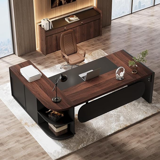 Tribesigns 80'' L-Shaped Desk Large Executive Office Desk with 55'' Drawers Cabinet Modern Computer Table with Storage Shelves Business Furniture for Home Office Walnut &amp Black