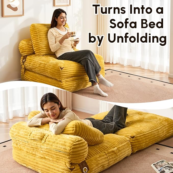 Folding Sofa Bed Convertible Sleeper Chair with Pillow Foldable Mattress Lounge Chair for Living Room Bedroom Portable Guest Bed Yellow
